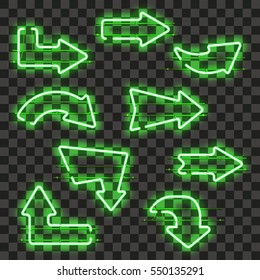 Set of glowing green neon arrows isolated on transparent background. Shining and glowing neon effect. Every arrow is separate unit with wires, tubes, brackets and holders. Vector illustration.