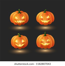 Set of glowing Halloween orange smiling carved pumpkins. Jack O’ Lantern spooky holiday decorations collection. - Vector illustration