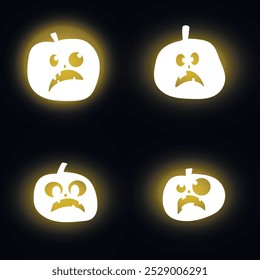 Set of glowing halloween pumpkins. Scary and funny faces. Cute Pumpkin or ghost. Vector autumn holidays illustration.