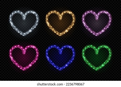 Set of glowing heart frames with sparkles and glitter particles isolated on dark. Shining borders with stardust light effect and glares. Luminous design for Valentine's day celebration.