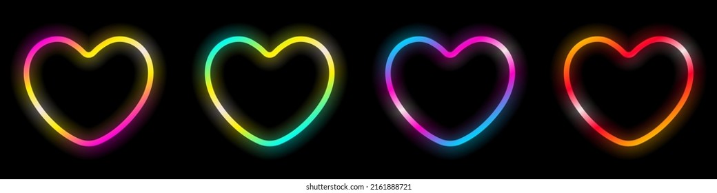 Set glowing heart shape frame love symbol bright multicolor gradient design element dark background vector illustration.