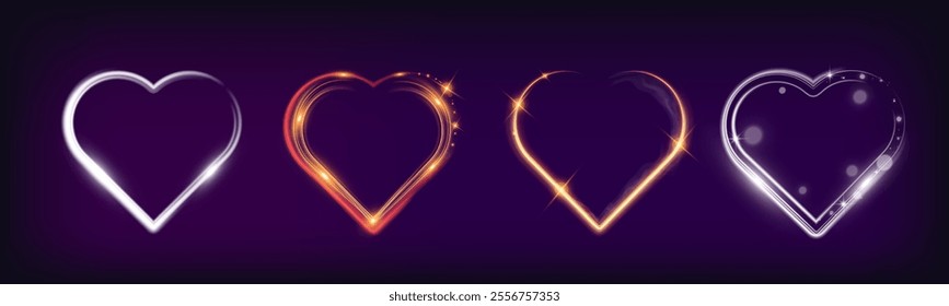 Set of glowing heart shapes with sparkles and light effects on dark transparent background. Designs include fiery, golden, and neon elements suitable for romantic or festive themes.