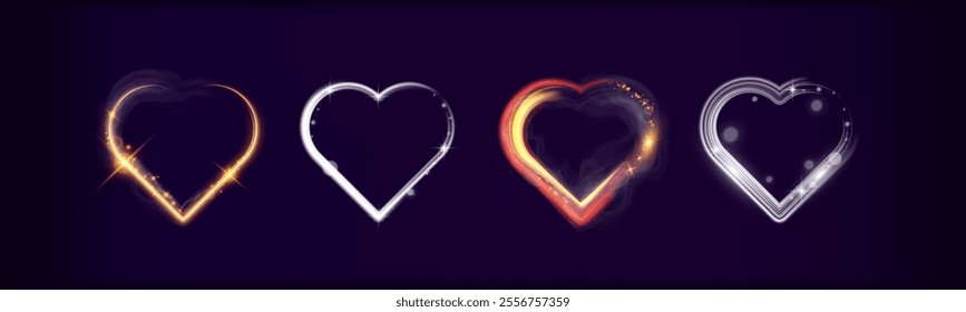 Set of glowing heart shapes with sparkles and light effects on dark transparent background. Designs include fiery, golden, and neon elements suitable for romantic or festive themes.