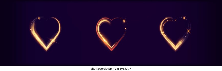 Set of glowing heart shapes with sparkles and light effects on dark transparent background. Designs include fiery, golden, and neon elements suitable for romantic or festive themes.	