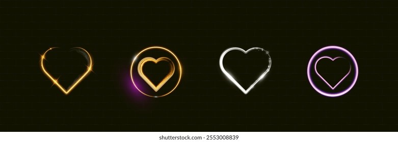 Set of glowing heart-shaped neon frames with sparkling effects, golden and purple colors on dark brick background. Perfect for romantic, festive, or decorative designs.