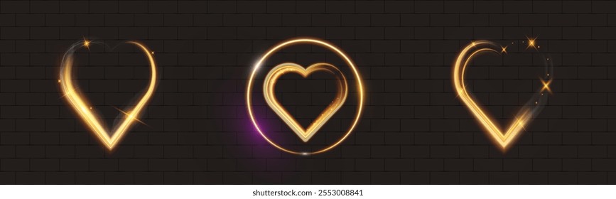 Set of glowing heart-shaped neon frames with sparkling effects, golden and purple colors on dark brick background. Perfect for romantic, festive, or decorative designs.