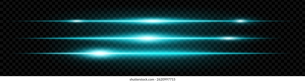 Conjunto de clarões de lente de neon azul horizontal brilhante isolado no fundo preto. Listras de luz futuristas abstratas para efeitos digitais, banners, interfaces. Ilustração vetorial de EPS.