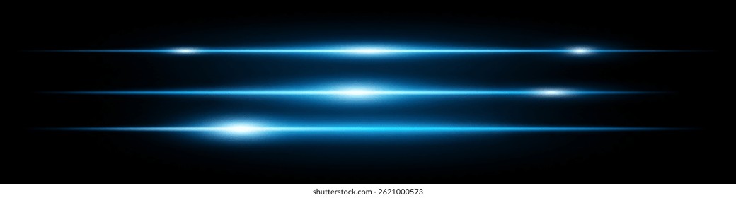 Set of glowing horizontal blue neon lens flares isolated on black background. Abstract futuristic light streaks for digital effects, banners, interfaces. EPS vector illustration.