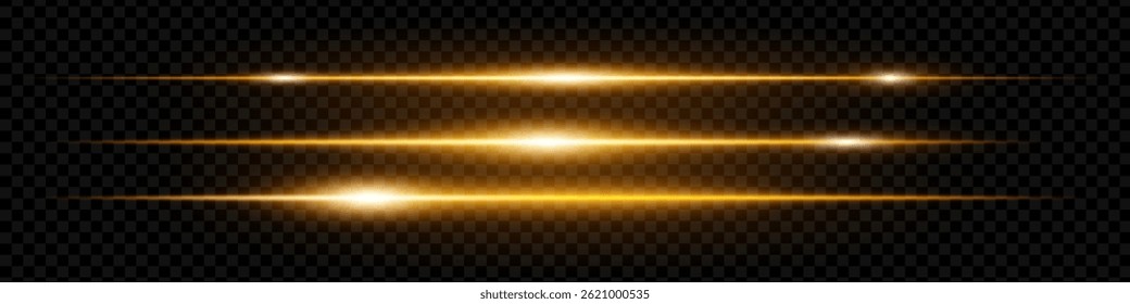 Set of glowing horizontal blue yellow lens flares isolated on black background. Abstract futuristic light streaks for digital effects, banners, interfaces. EPS vector illustration.