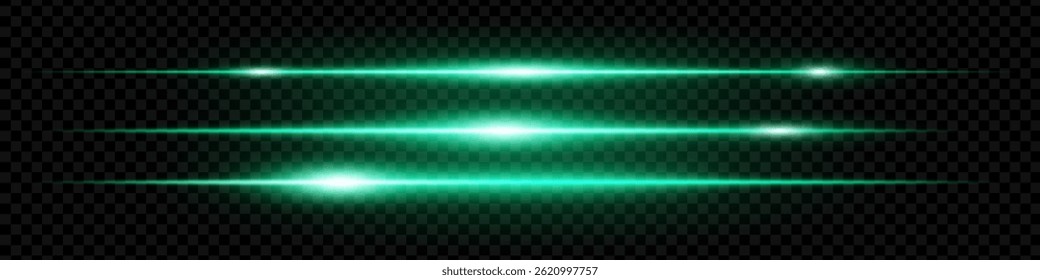 Set of glowing horizontal green neon lens flares isolated on black background. Abstract futuristic light streaks for digital effects, banners, interfaces. EPS vector illustration.