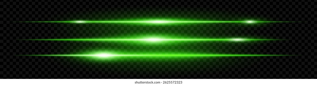 Set of glowing horizontal green neon lens flares isolated on black background. Abstract futuristic light streaks for digital effects, banners, interfaces. EPS vector illustration.