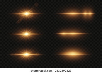 Set of glowing horizontal light flares. Golden lens flare effects. On transparent background