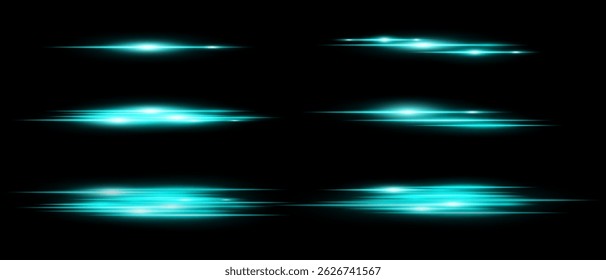 Set of glowing horizontal light streaks with motion blur effect on black background. Perfect for highlights, overlays, or dynamic transitions in design. Vector illustration.