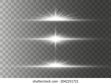 Conjunto de bombillas horizontales brillantes de lente, rayos con colección bokeh sobre fondo transparente. Estrella reventada con destellos Efecto de luz brillante, estrellas, chispas, bengalas, explosión. Ilustración del vector