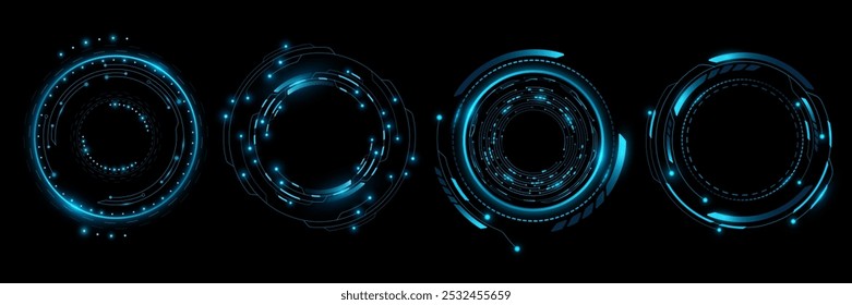 Conjunto de círculos hud brilhantes com placa de circuito. Elementos futuristas para interface de ficção científica. Ilustração vetorial. Design de interface gráfica e interface do usuário. EPS 10.