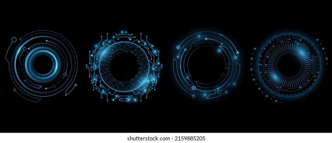Set of glowing HUD rounds for your design. Futuristic circle. Virtual graphic. Dashboard display. Sci-fi and Hi-tech elements. GUI and UI. Modern technology. Vector illustration. EPS 10
