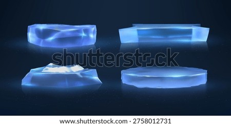 A set of glowing ice podiums of various shapes on a dark blue isolated background. For product, cosmetic, and jewelry displays. Platform, pedestal, and block. Vector realistic illustration.