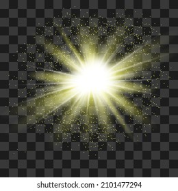 Conjunto de efectos luminosos transparentes dorados y brillantes, bengalas de lente, ráfaga, brillo, línea, bengalas, chispas y estrellas