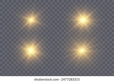 Set of glowing isolated golden transparent light effects. Set of shining glowing stars, lens flare, explosion, sparkle, dust, line, solar flare, spark and stars.