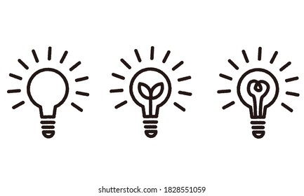 A set of glowing light bulb icons. Image of the idea. Vector illustration on white background.