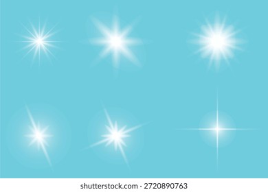 Set of glowing light burst and lens flare effects on bright turquoise background. Abstract sparkle stars for overlays, highlights, magical effects, UI, posters, and digital design.