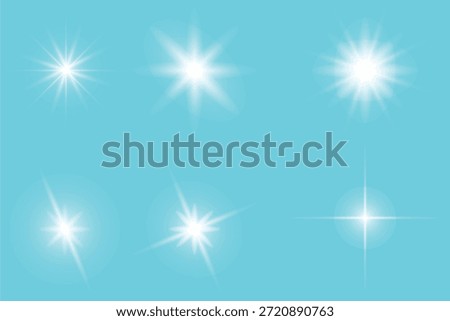 Set of glowing light burst and lens flare effects on bright turquoise background. Abstract sparkle stars for overlays, highlights, magical effects, UI, posters, and digital design.