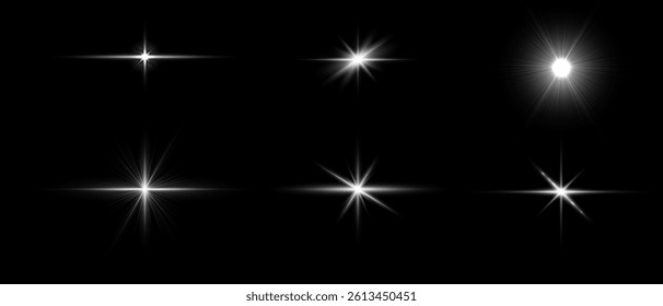 Set of glowing light bursts with sparkles and lens flare effects. Bright flashes, star shines, and glitter explosions for abstract lighting design. Transparent vector illustration. 