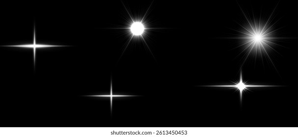 Set of glowing light bursts with sparkles and lens flare effects. Bright flashes, star shines, and glitter explosions for abstract lighting design. Transparent vector illustration. 