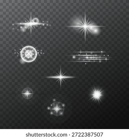 Conjunto de rajadas de luz brilhante com faíscas, clarões de lente, explosões. Efeito de brilho radiance, luz de efeito especial brilho. Sol, estrelas e luzes