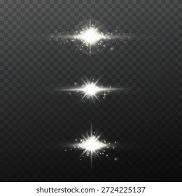 Conjunto de rajadas de luz brilhante com faíscas, flares de lentes, explosões, Estrela e faíscas, Vetor. Efeito de brilho radiante