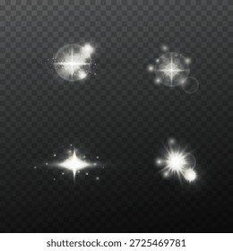 Conjunto de rajadas de luz brilhante com faíscas, clarões de lente, explosões. Efeito de brilho radiance, luz de efeito especial brilho. Sol, estrelas e luzes