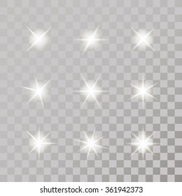 Conjunto de ráfagas de luz brillante con chispas sobre fondo transparente. Estrellas de gradiente transparentes, bengala luminosa. Mágica, luminosa y natural. Textura abstracta para tu diseño.Ilustración vectorial.
