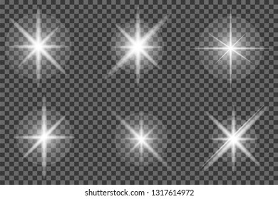 Set of glowing light effect. Bright stars, explosion. Transparent shining sun. Vector
