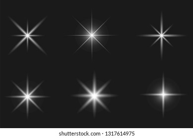 Set of glowing light effect. Bright stars, explosion. Transparent shining sun. Vector