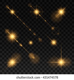 Set of glowing light effect. Isolated on black transparent background. Vector illustration, eps 10.