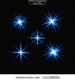 Set of glowing light effect. 	
Realistic Lens and sparkles light. Isolated on black transparent background. Star burst with sparkles. vector illustration