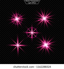 Set of glowing light effect. 	
Realistic Lens and sparkles light. Isolated on black transparent background. Star burst with sparkles. vector illustration