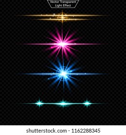 Set of glowing light effect. 	
Realistic Lens and sparkles light. Isolated on black transparent background. Star burst with sparkles. vector illustration