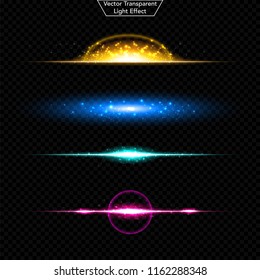 Set of glowing light effect. 	
Realistic Lens and sparkles light. Isolated on black transparent background. Star burst with sparkles. vector illustration