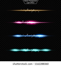 Set of glowing light effect. 	
Realistic Lens and sparkles light. Isolated on black transparent background. Star burst with sparkles. vector illustration
