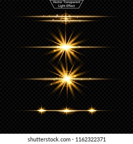 Set of glowing light effect. 	
Realistic Lens and sparkles light. Isolated on black transparent background. Star burst with sparkles. vector illustration