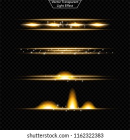 Set of glowing light effect. 	
Realistic Lens and sparkles light. Isolated on black transparent background. Star burst with sparkles. vector illustration