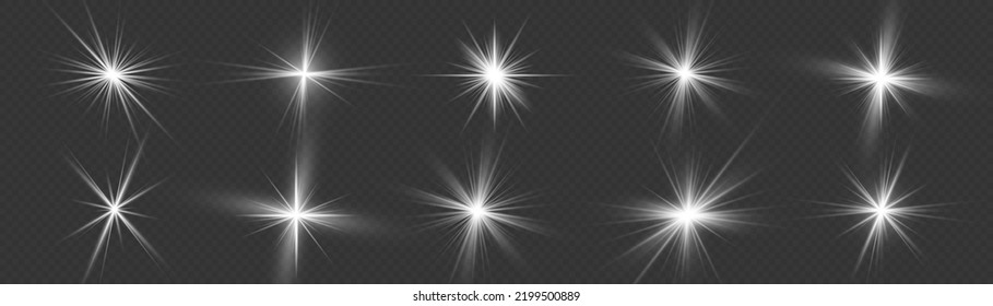 Un conjunto de estrellas de efecto luminoso resplandece con destellos. Una estrella blanca mágica brillante se enciende sobre un fondo transparente. Sol brillante transparente, brillante. Imagen abstracta del alumbrado. Vector.