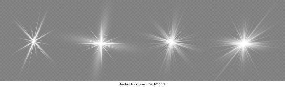 Set of glowing light effect stars bursts with sparkles. Glitter magic white star sparks on transparent background. Abstract image of lighting flare. Transparent shining sun, bright flash. Vector.
