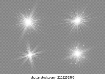Set of glowing light effect stars bursts with sparkles. Glitter magic white star sparks on transparent background. Transparent shining sun, bright flash. Abstract image of lighting flare. Vector.