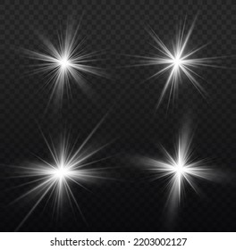 Set of glowing light effect stars bursts with sparkles. Glitter magic white star sparks on transparent background. Transparent shining sun, bright flash. Abstract image of lighting flare. Vector.