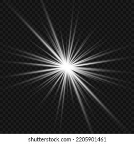 Set of glowing light effect stars bursts with sparkles. Glitter magic white star sparks on transparent background. Abstract image of lighting flare. Transparent shining sun, bright flash. Vector.