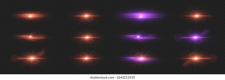 Conjunto de efeitos de luz brilhante com brilho. Explosão de erupções e estrelas.