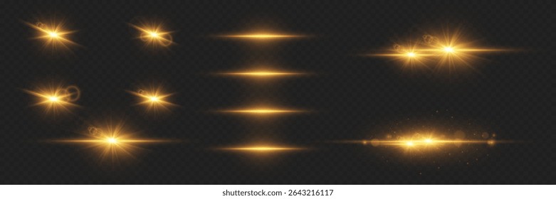 Conjunto de efeitos de luz brilhante com brilho. Explosão de erupções e estrelas.