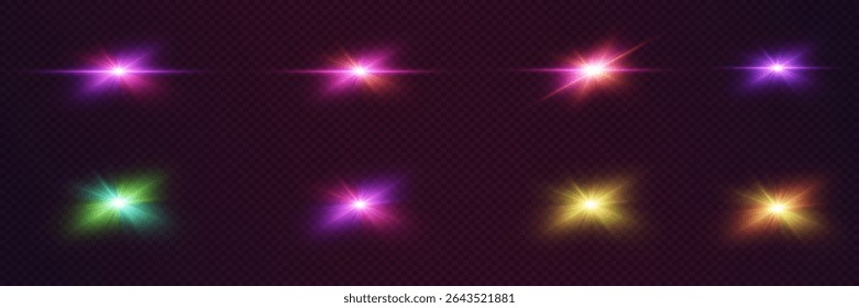 Conjunto de efeitos de luz brilhante com brilho. Explosão de erupções e estrelas.